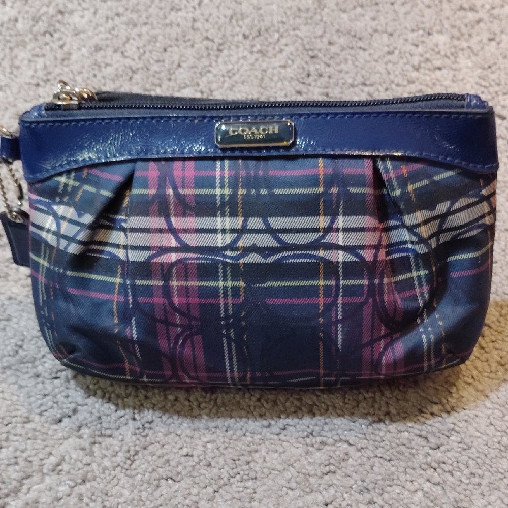 Coach Navy Plaid Wristlet with Pink and Yellow Accents